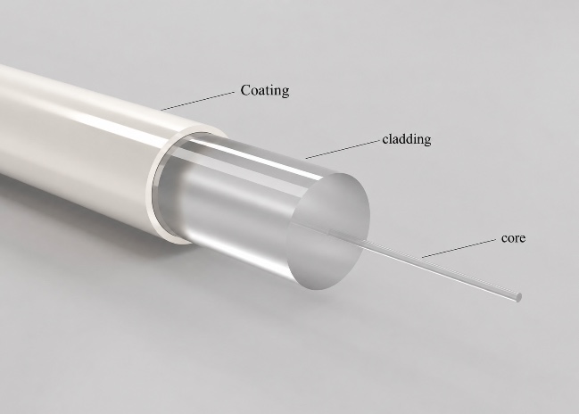 OptiVein optical fiber structure — core, cladding and coating